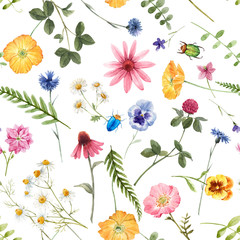Naklejki  Piękny kwiatowy lato wzór z akwarela ręcznie rysowane pola dzikich kwiatów. Ilustracji.