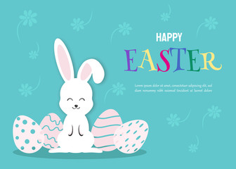 Obraz na płótnie Canvas Happy Easter Illustration - White Rabbit Bunny on Blue Background