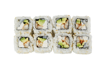 sushi set tuna in sesame seeds top view on a white clean background