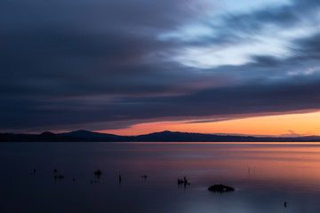 Naklejka premium Sunset a Trasimeno lake (Umbria, Italy), with fishing net poles and branches on perfectly still water