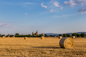 A field with haybales at golden hour, with the Santa Maria degli Angeli church (Assisi) in the background