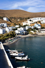 Fototapeta na wymiar Astypalea island, view of Pera Gialos village, summer day on the beach - Greece