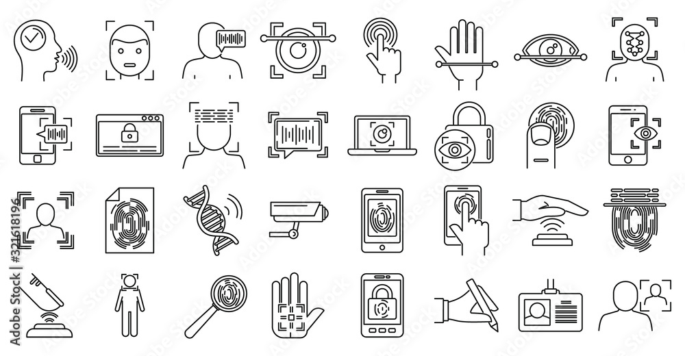 Poster modern biometric authentication icons set. outline set of modern biometric authentication vector ico