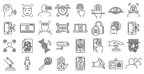 Modern biometric authentication icons set. Outline set of modern biometric authentication vector icons for web design isolated on white background