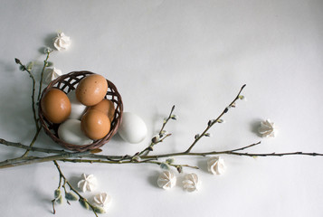 Happy Easter on a white background. Easter decor. Flat lay. Top view.