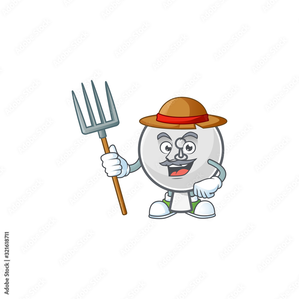 Sticker sweet Farmer satellite dish cartoon mascot with hat and tools