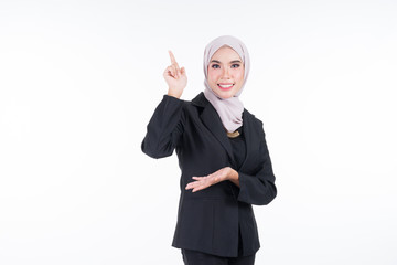 Half length portrait of an attractive Muslim businesswoman wearing hijab with mixed poses and gestures isolated on white background. For image cutout for corporate, technology, business or finance.