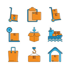 delivery cargo shipping distribution logistic icons set line and fill