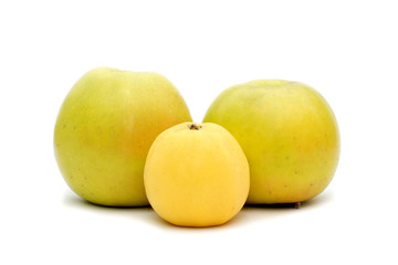 group of yellow apples on a white background, live vitamins, natural iron in fruits