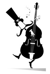 Funny mustached man in the top hat performing music on contrabass black on white illustration