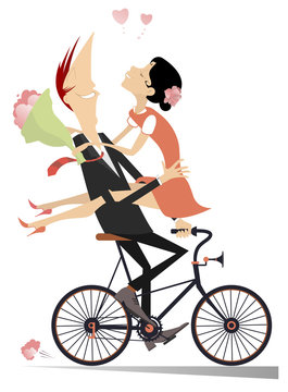 Smiling man and woman with bunch of flowers ride together on the bike and look happy isolated on white illustration