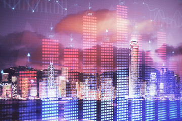 Double exposure of forex chart drawings over cityscape background. Concept of success.