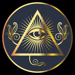 All-seeing eye in a triangle. The symbolic image of the pyramid and its various mystical components. - 321621349