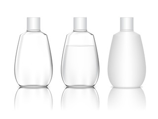 Cosmetic transparent plastic bottle. Liquid container for gel, lotion, cream, shampoo, bath foam. Beauty product package. Vector illustration.