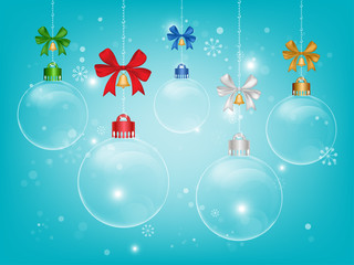 Set of transparent glass christmas balls with different bow color on blue shiny background. Vector illustration.
