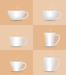 Coffee cup with hot steam. Collection of white ceramic mug. Vector Illustration.