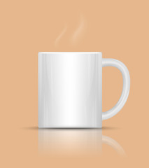 Coffee cup with hot steam. White ceramic mug. Vector Illustration.
