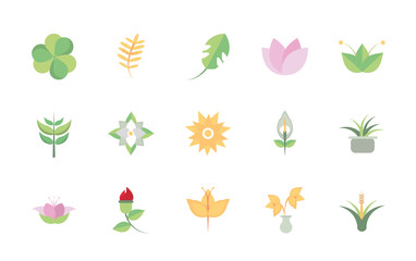 flower foliage decoratiopn natural floral botanical icons set