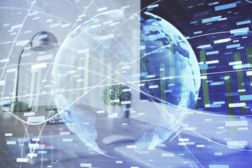 Multi exposure of business theme icons and work space with computer background. Concept of success.