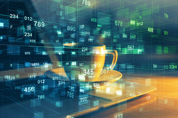 Double exposure of desktop computer and technology theme hologram. Concept of software development.