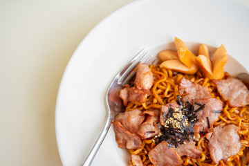 Top view of Korean hot spicy ramen instant noodles. Traditional Korean cuisine set. korean style ramen. Copy space for text.