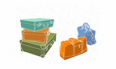 PrintHand drawing colour vintage luggage. Vintage suitcases line art and color backing.