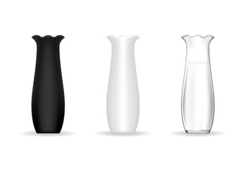 Set of ceramic vase in different color (black, white and transparent). Vector illustration.