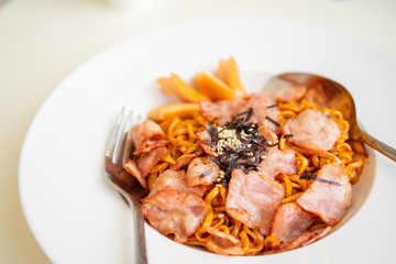 Top view of Korean hot spicy ramen instant noodles. Traditional Korean cuisine set. korean style ramen. Copy space for text.