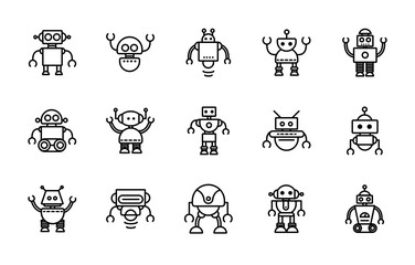 robot technology character artificial machine icons set linear