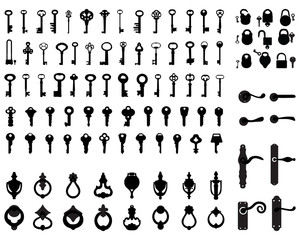 Silhouettes of door handle, knocker, latch, keys and padlocks	 - obrazy, fototapety, plakaty