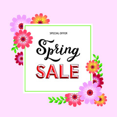 Spring Sale - hand drawn lettering. Colorful background with flowers and leaf for poster, card, label, web, banner design. Spring season advertising. Vector illustration EPS10