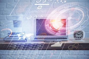 Technology theme drawing and table with computer. Double exposure. Concept of information.