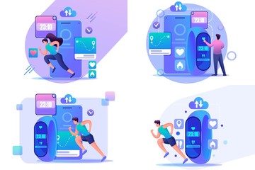 Set 2D Flat Use the mobile app to track your workouts. Athletes use fitness bracelets. For Concept for web design