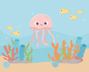 Fototapeta na wymiar jellyfish fishes sand life coral reef cartoon under the sea