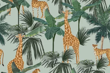 Keuken foto achterwand Bos Tropisch naadloos patroon met palmbomen, giraffen en luipaarden. Zomer jungle achtergrond. Vintage vectorillustratie. Regenwoudlandschap