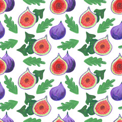 Seamless pattern with fresh figs. Exotic fruits hand drawn background. Illustration of sliced ripe fig. Tropical vegetarian food design element isolated on white.