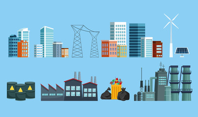 city and polluting industry set icons