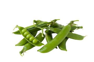 Peas isolated. Group of green fresh raw peas open pod with beans isolated on white background