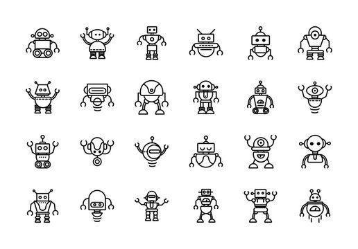 robot technology character artificial machine icons set linear