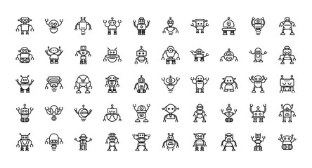 robot technology character artificial machine icons set linear - obrazy, fototapety, plakaty