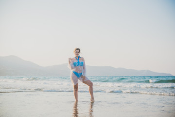 Spring - Summer season. Vacation and travelling time. Woman at sea, pretty nice view 