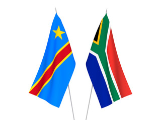 National fabric flags of Republic of South Africa and Democratic Republic of the Congo isolated on white background. 3d rendering illustration.