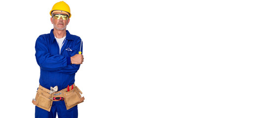 builder with helmet and belt with tools, arrangement and construction concept