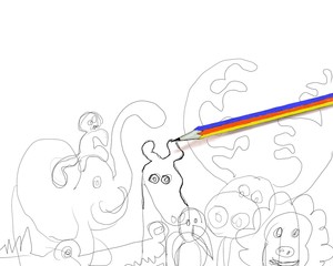 Blue pattern pencil picture  Yellow and red decor is a symbol of the color cycle, the color combination in art on the sketch, black pencil on white paper, there is space for adding pictures and letter