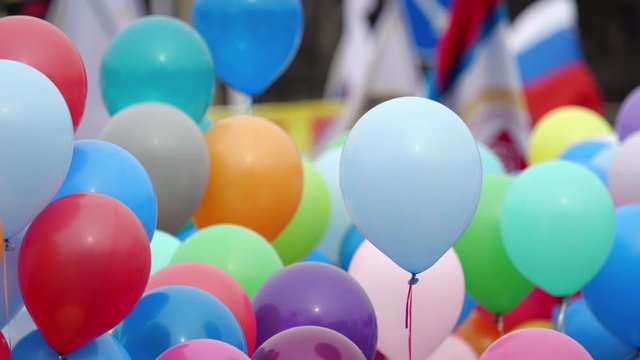 Many colorful balloons flying in the air. Celebration and birthday concept.
