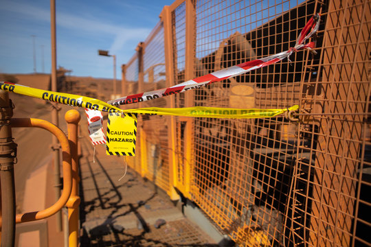 Safe Work Practices Red And White Danger Tag Yellow And Black Caution Tag Exclusion Zone With Signage Barricading From Public Access Into High Risk Work Areas    As Danger Dropped Object Zone 