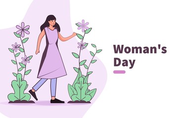 vector illustration happy woman's day. girl in pink dress with bouquet of flowers