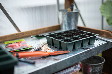 Various gardening tools and supplies for spring sowing