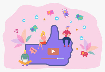 People with smartphones and laptops receive messages. Communication through social Internet networks, communication concept, discussion of business ideas, news, dating. Colorful vector illustration.