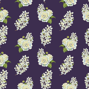 white rose and lilac in a seamless pattern design